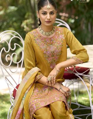 Yellow  premium embroidered pure shimmer stitched dhoti suit 3