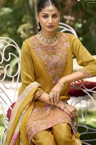 Yellow  premium embroidered pure shimmer stitched dhoti suit