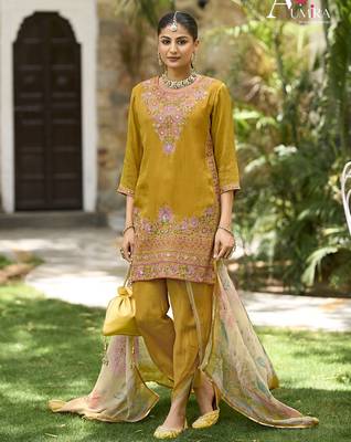 Yellow  premium embroidered pure shimmer stitched dhoti suit 4