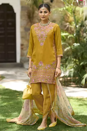 Yellow  premium embroidered pure shimmer stitched dhoti suit