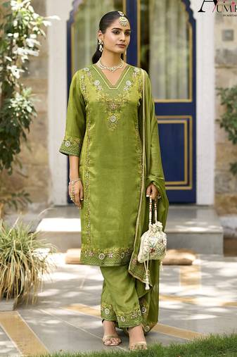Green  premium embroidered  pure shimmer stitched salwar suit