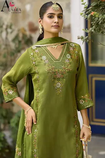 Green  premium embroidered  pure shimmer stitched salwar suit