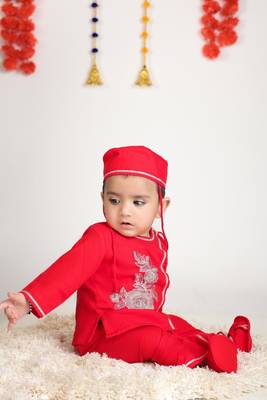 Boy red flower embroidery with dhoti set 1