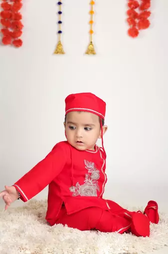 Boy red flower embroidery with dhoti set