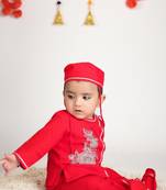 Boy red flower embroidery with dhoti set