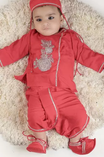 Boy red flower embroidery with dhoti set