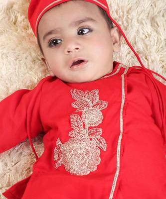 Boy red flower embroidery with dhoti set 3