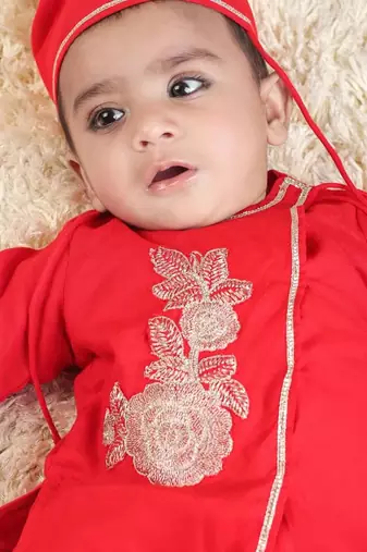 Boy red flower embroidery with dhoti set