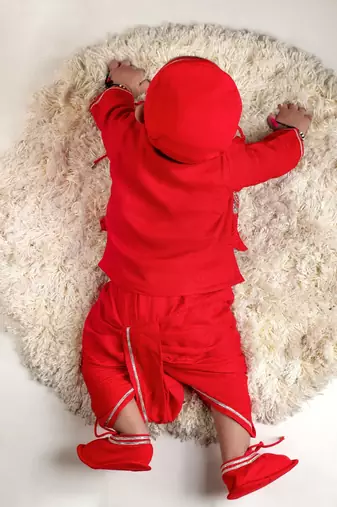 Boy red flower embroidery with dhoti set
