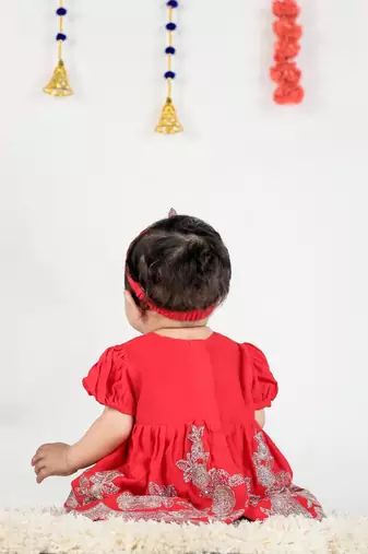 Girl red with flower embroidery with pant set