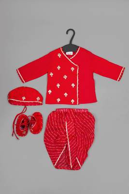 Boy red with flower gota hand embroidery with lehariya dhoti set 1