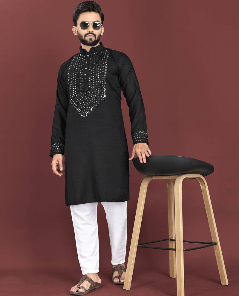 Black original mirror work men's kurta and Pajama for Mens