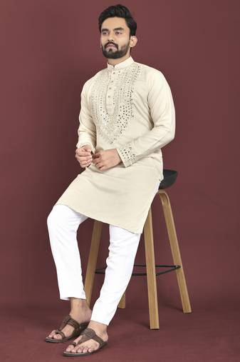 White original mirror work men's kurta and Pajama for Mens