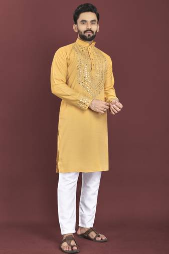 Yellow original mirror work men's kurta and Pajama for Mens