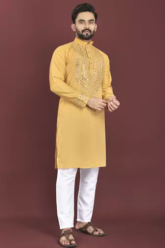 Yellow original mirror work men's kurta and Pajama for Mens