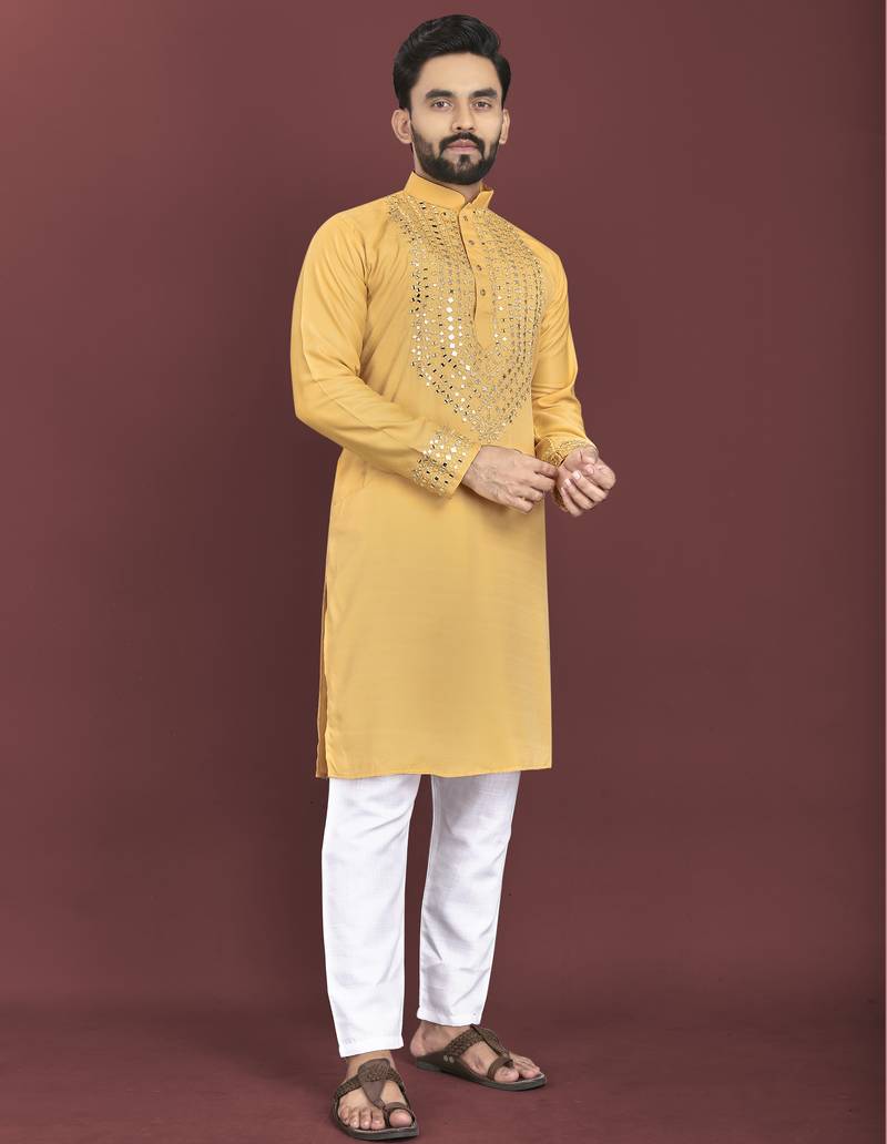 Yellow original mirror work men's kurta and Pajama for Mens