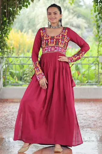Maroon rayon kutchi gamthi work navratri kurti