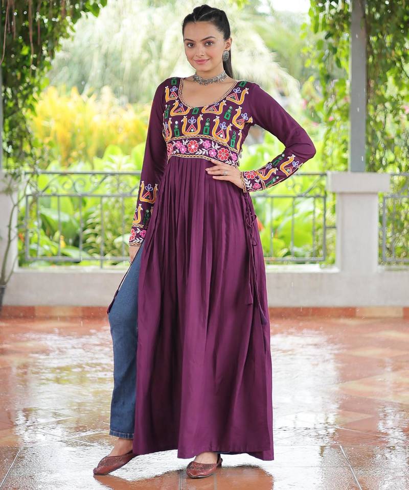 Wine rayon kutchi gamthi work navratri kurti