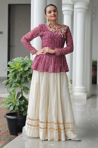 Maroon Georgette Kutchi Work Peplum Top With Cotton Flared Lehenga