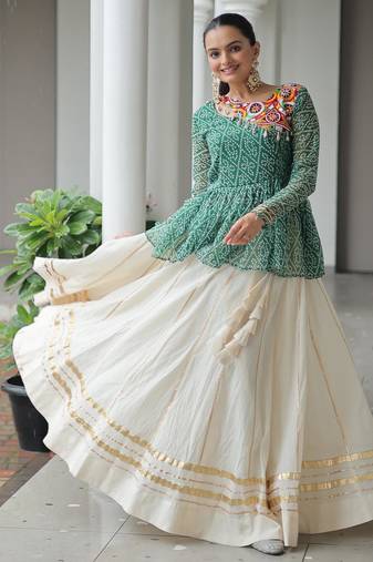 Green Georgette Kutchi Work Peplum Top With Cotton Flared Lehenga