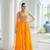 Yellow rayon kutchi gamthi thread embroidered & mirror work navratri gown