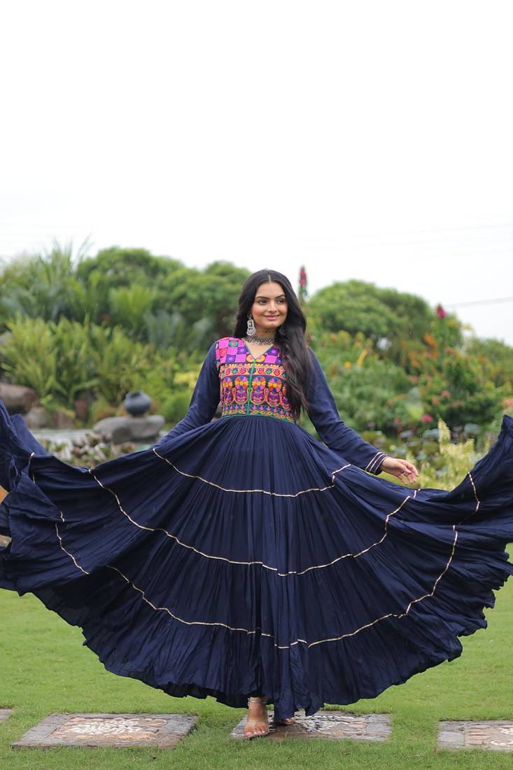 Navy blue rayon kutchi gamthi thread embroidered & mirror work navratri gown