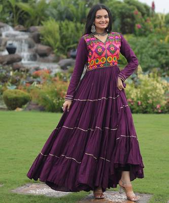 Wine rayon kutchi gamthi thread embroidered & mirror work navratri gown 1