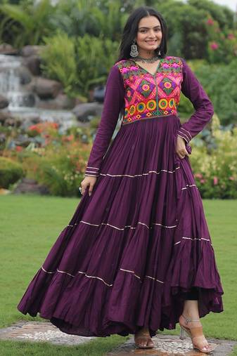 Wine rayon kutchi gamthi thread embroidered & mirror work navratri gown