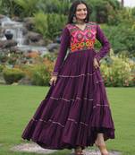 Wine rayon kutchi gamthi thread embroidered & mirror work navratri gown