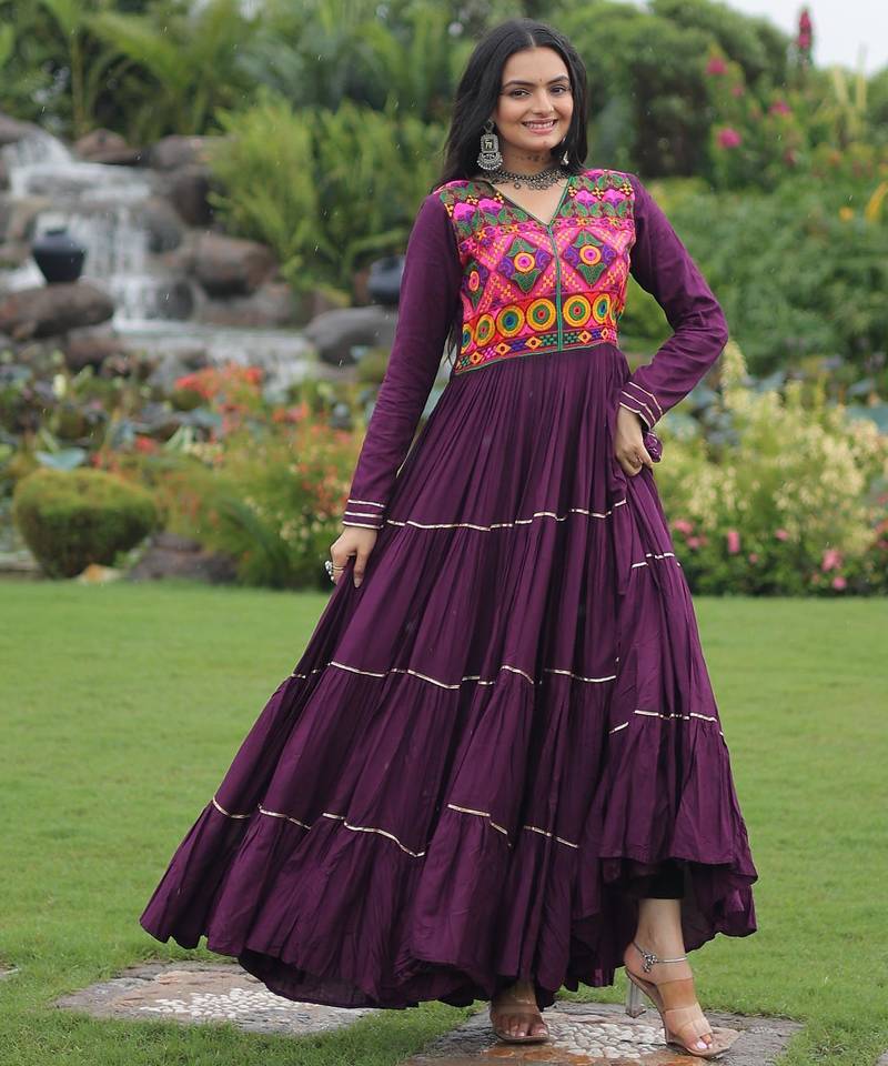 Wine rayon kutchi gamthi thread embroidered & mirror work navratri gown