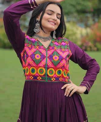 Wine rayon kutchi gamthi thread embroidered & mirror work navratri gown 6