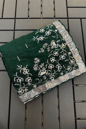 Dark Green embroidered print Jimmy Choo Saree with stitched blouse