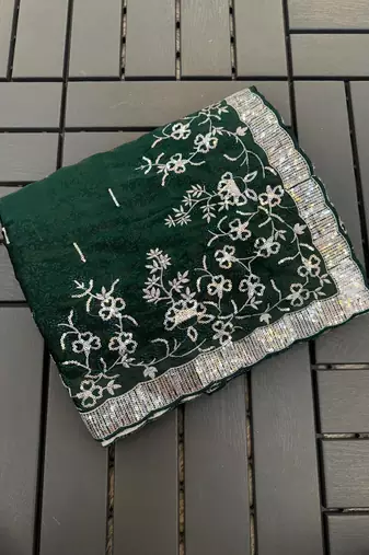 Dark Green embroidered print Jimmy Choo Saree with stitched blouse