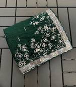 Dark Green embroidered print Jimmy Choo Saree with stitched blouse