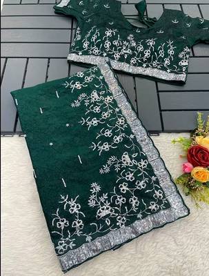 Dark Green embroidered print Jimmy Choo Saree with stitched blouse 2