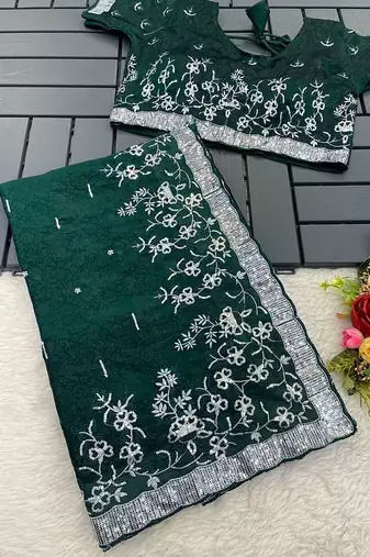 Dark Green embroidered print Jimmy Choo Saree with stitched blouse