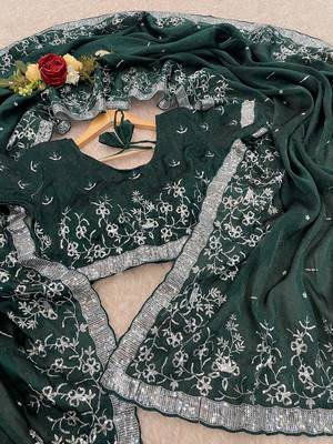 Dark Green embroidered print Jimmy Choo Saree with stitched blouse 3