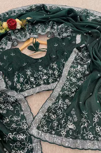 Dark Green embroidered print Jimmy Choo Saree with stitched blouse