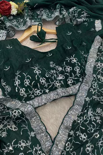 Dark Green embroidered print Jimmy Choo Saree with stitched blouse