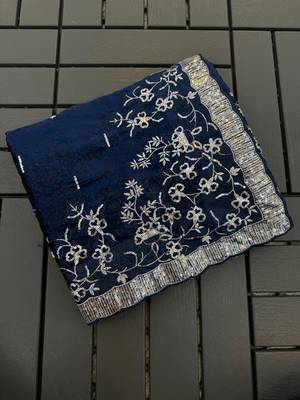Navy Blue embroidered print Jimmy Choo Saree with stitched blouse 1