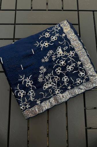 Navy Blue embroidered print Jimmy Choo Saree with stitched blouse