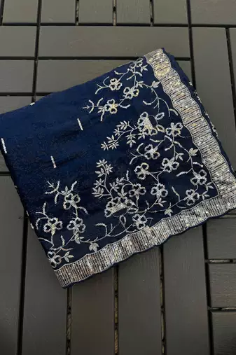 Navy Blue embroidered print Jimmy Choo Saree with stitched blouse