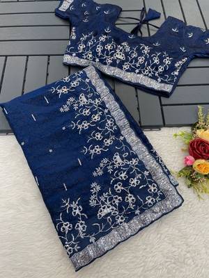 Navy Blue embroidered print Jimmy Choo Saree with stitched blouse 2