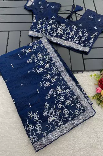 Navy Blue embroidered print Jimmy Choo Saree with stitched blouse