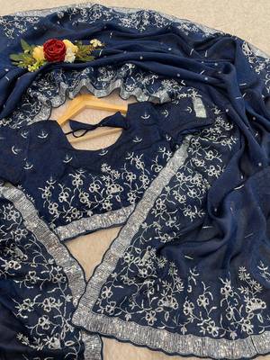 Navy Blue embroidered print Jimmy Choo Saree with stitched blouse 3