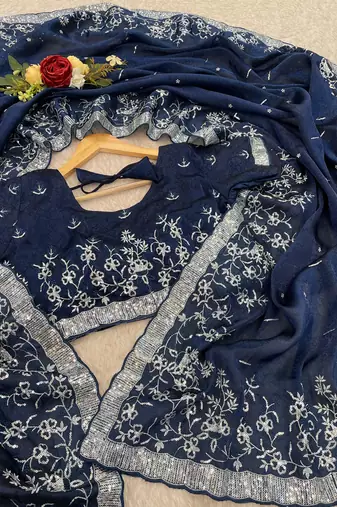 Navy Blue embroidered print Jimmy Choo Saree with stitched blouse