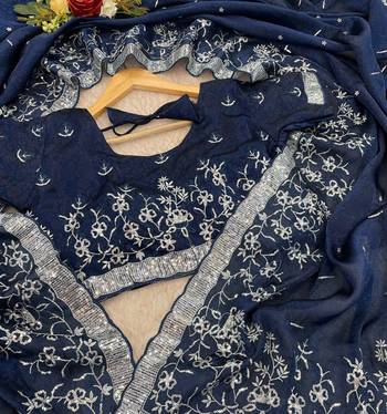 Navy Blue embroidered print Jimmy Choo Saree with stitched blouse 4
