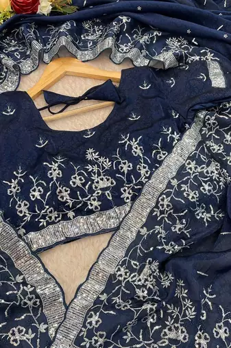 Navy Blue embroidered print Jimmy Choo Saree with stitched blouse