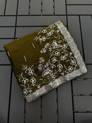 Olive embroidered print Jimmy Choo Saree with stitched blouse 1
