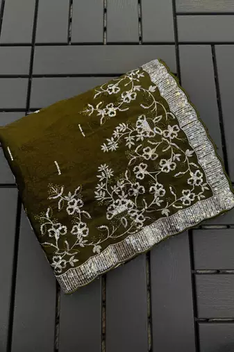 Olive embroidered print Jimmy Choo Saree with stitched blouse